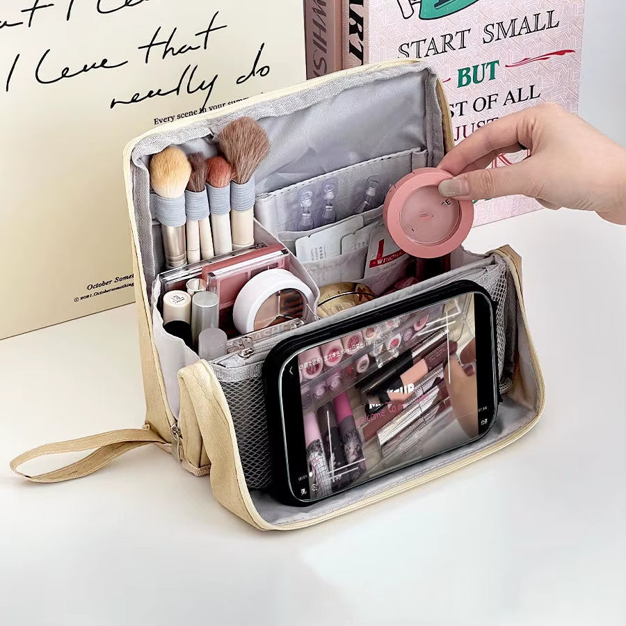 “Large Capacity Vertical Makeup Bag – Multi-Compartment Organizer for Skincare & Cosmetics”