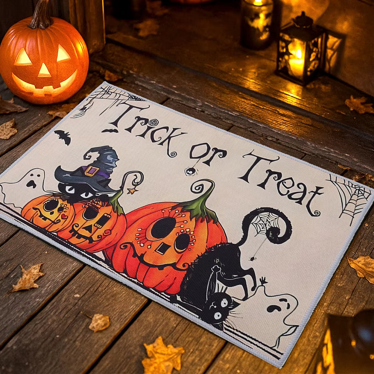 Halloween Crystal Velvet Doormat – Pumpkin & Ghost Design, Trick or Treat Welcome Mat, Non-Slip Rug for Front Door, Porch, Entryway, Party & Kids Halloween Decorations