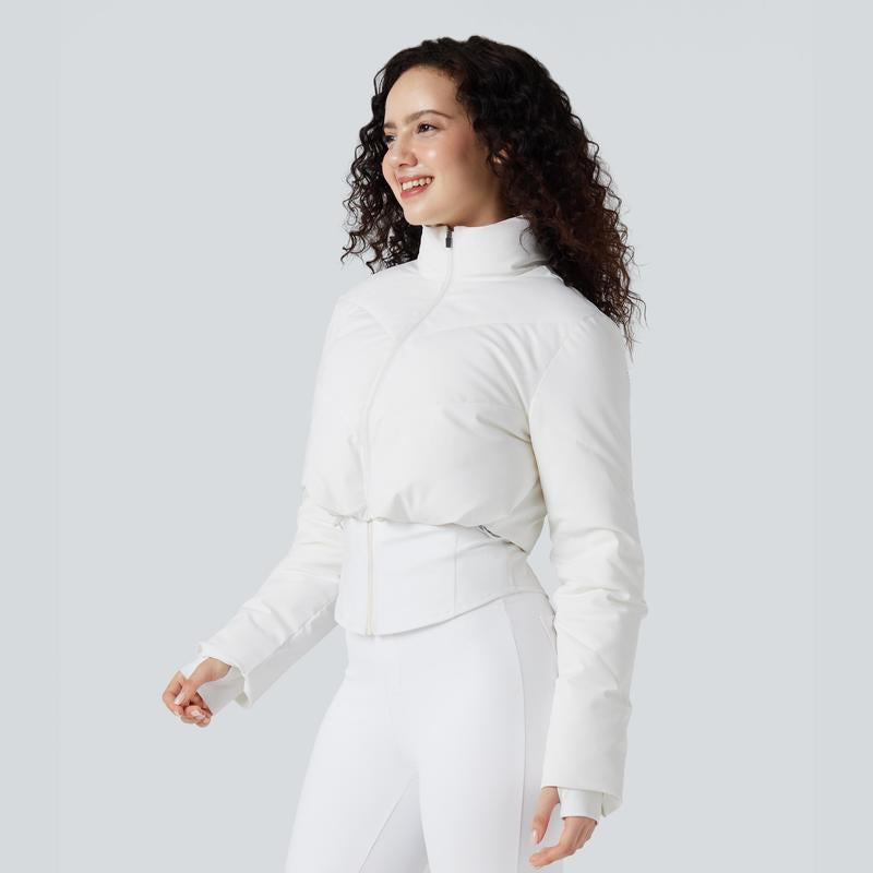 3-in-1 Women’s Cropped Puffer Coat with Stand Collar, Thumb Holes & Curved Hem Pocket Jacket