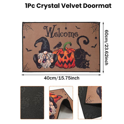 Halloween Crystal Velvet Doormat – Pumpkin & Ghost Design, Trick or Treat Welcome Mat, Non-Slip Rug for Front Door, Porch, Entryway, Party & Kids Halloween Decorations