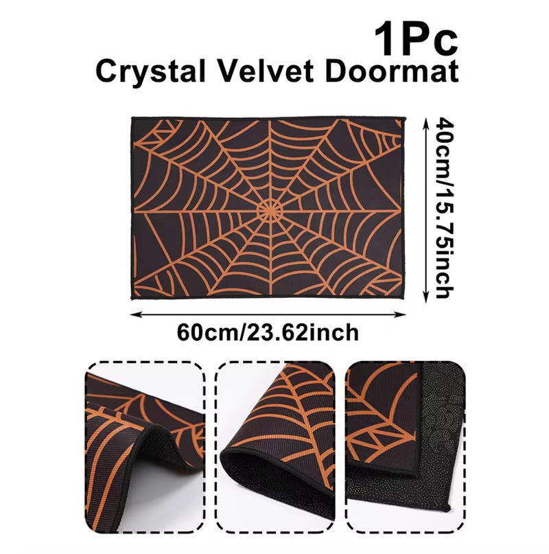 Halloween Crystal Velvet Doormat – Pumpkin & Ghost Design, Trick or Treat Welcome Mat, Non-Slip Rug for Front Door, Porch, Entryway, Party & Kids Halloween Decorations
