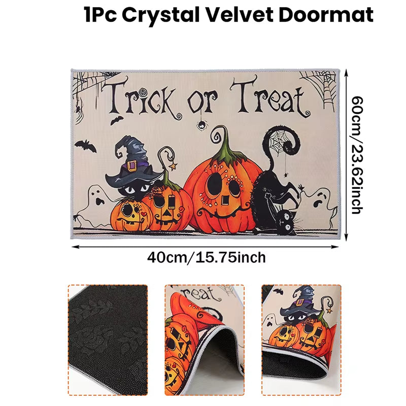 Halloween Crystal Velvet Doormat – Pumpkin & Ghost Design, Trick or Treat Welcome Mat, Non-Slip Rug for Front Door, Porch, Entryway, Party & Kids Halloween Decorations