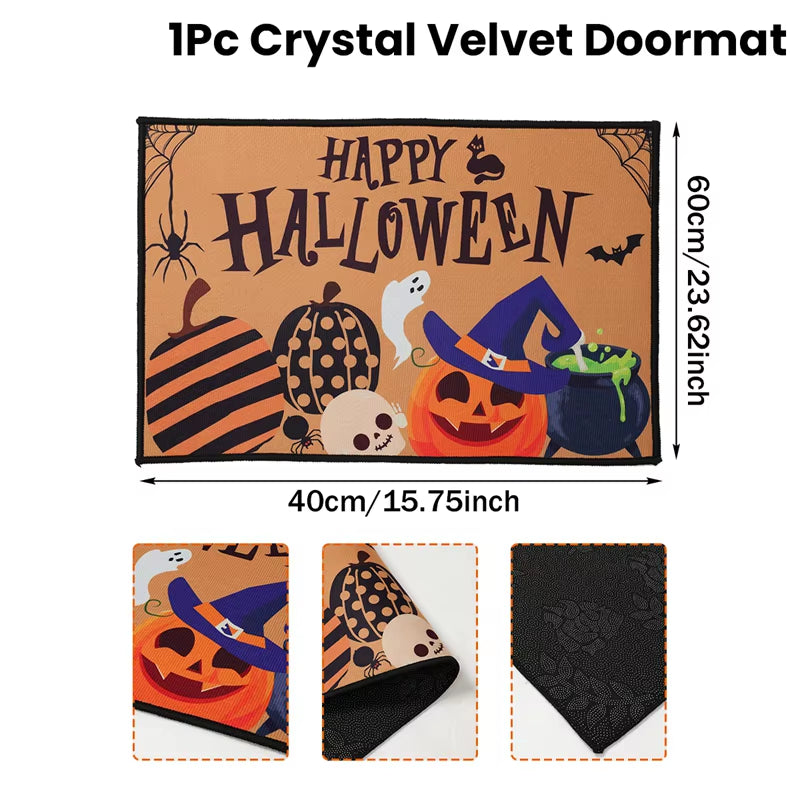 Halloween Crystal Velvet Doormat – Pumpkin & Ghost Design, Trick or Treat Welcome Mat, Non-Slip Rug for Front Door, Porch, Entryway, Party & Kids Halloween Decorations