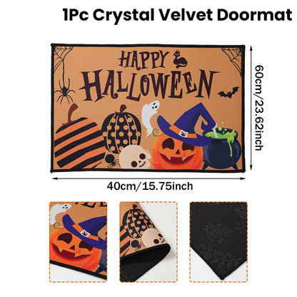 Halloween Crystal Velvet Doormat – Pumpkin & Ghost Design, Trick or Treat Welcome Mat, Non-Slip Rug for Front Door, Porch, Entryway, Party & Kids Halloween Decorations