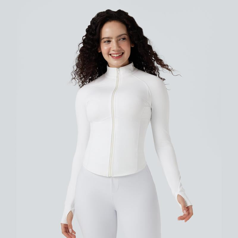 3-in-1 Women’s Cropped Puffer Coat with Stand Collar, Thumb Holes & Curved Hem Pocket Jacket