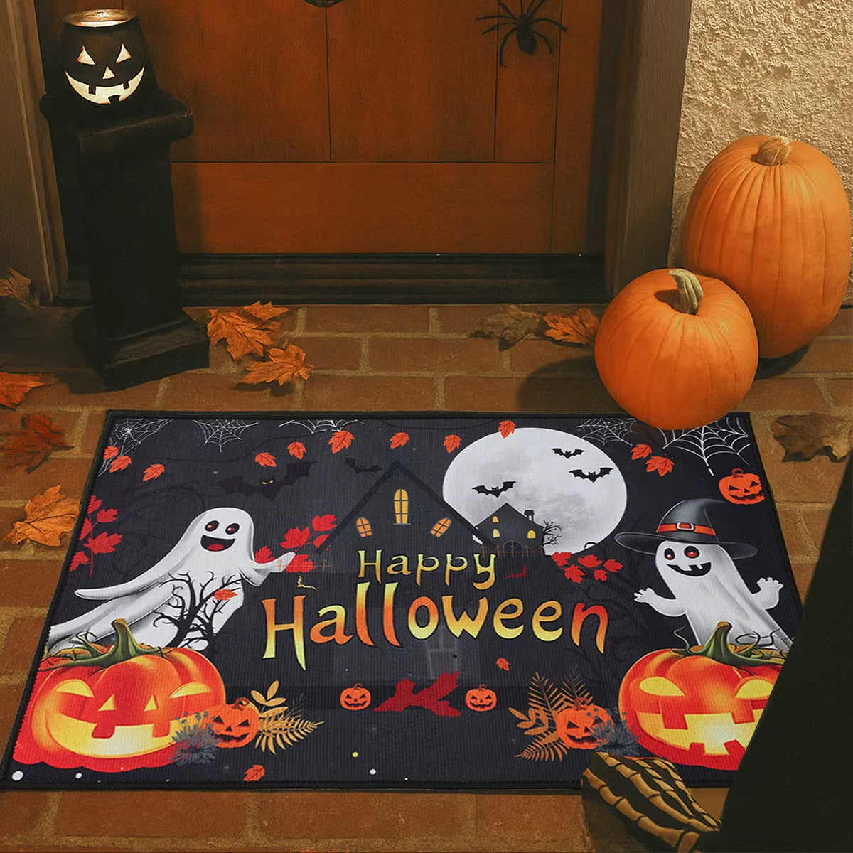 Halloween Crystal Velvet Doormat – Pumpkin & Ghost Design, Trick or Treat Welcome Mat, Non-Slip Rug for Front Door, Porch, Entryway, Party & Kids Halloween Decorations