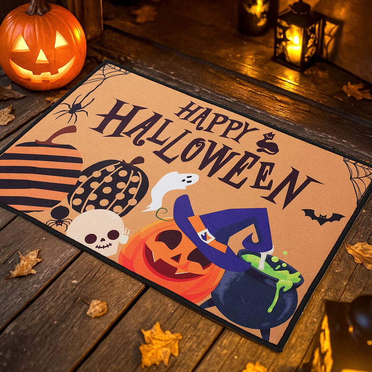 Halloween Crystal Velvet Doormat – Pumpkin & Ghost Design, Trick or Treat Welcome Mat, Non-Slip Rug for Front Door, Porch, Entryway, Party & Kids Halloween Decorations
