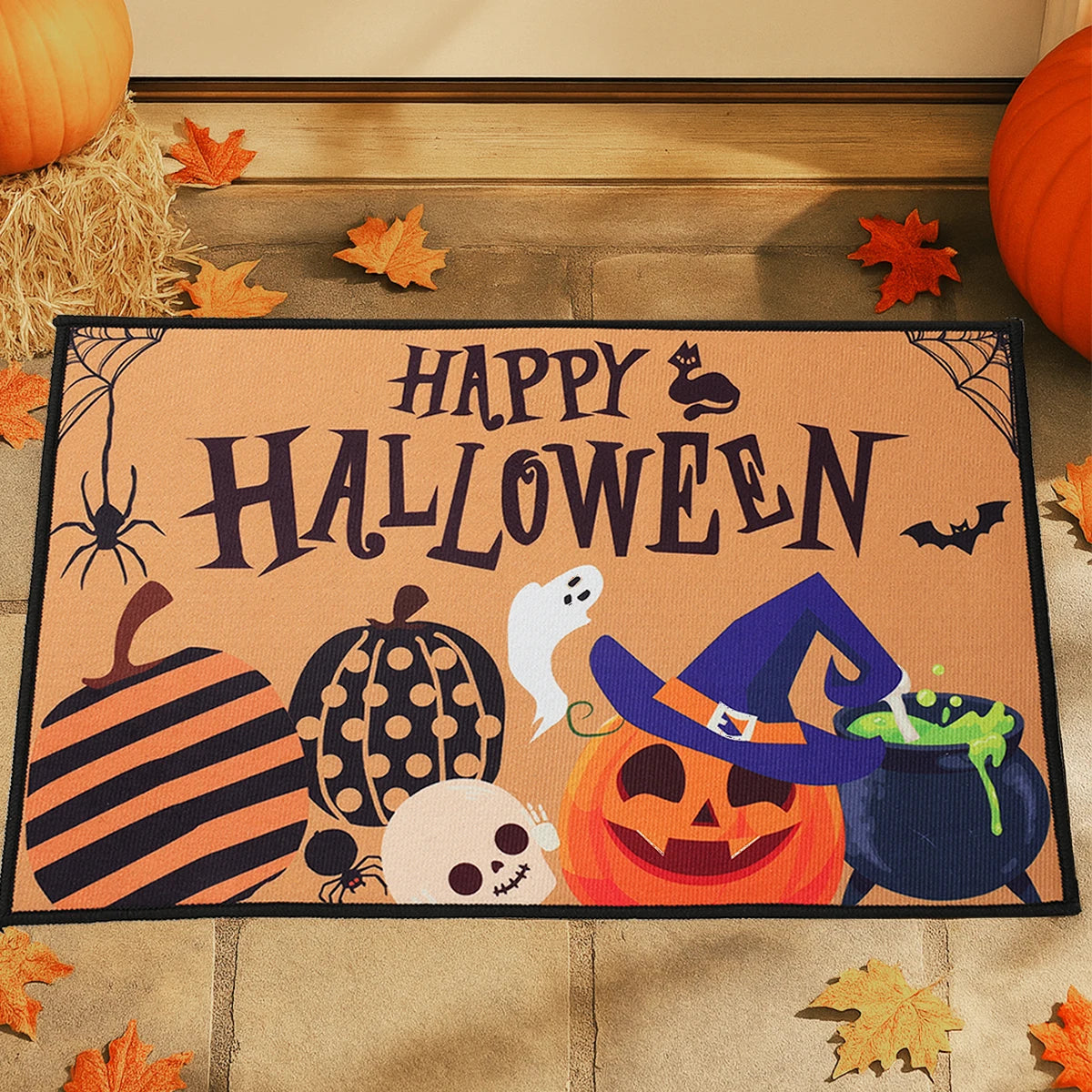 Halloween Crystal Velvet Doormat – Pumpkin & Ghost Design, Trick or Treat Welcome Mat, Non-Slip Rug for Front Door, Porch, Entryway, Party & Kids Halloween Decorations