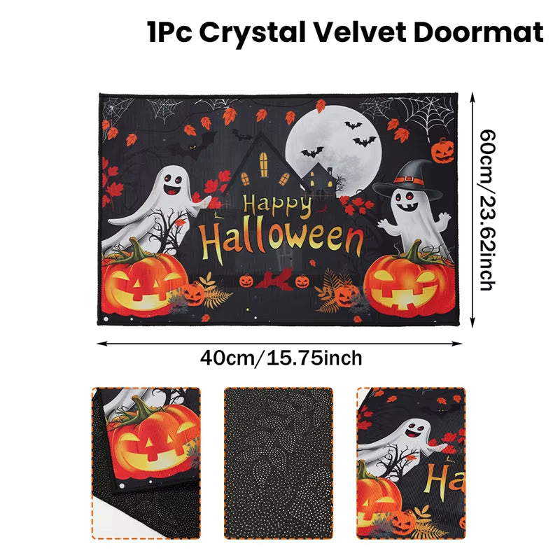 Halloween Crystal Velvet Doormat – Pumpkin & Ghost Design, Trick or Treat Welcome Mat, Non-Slip Rug for Front Door, Porch, Entryway, Party & Kids Halloween Decorations