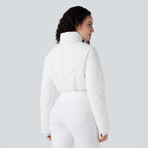 3-in-1 Women’s Cropped Puffer Coat with Stand Collar, Thumb Holes & Curved Hem Pocket Jacket