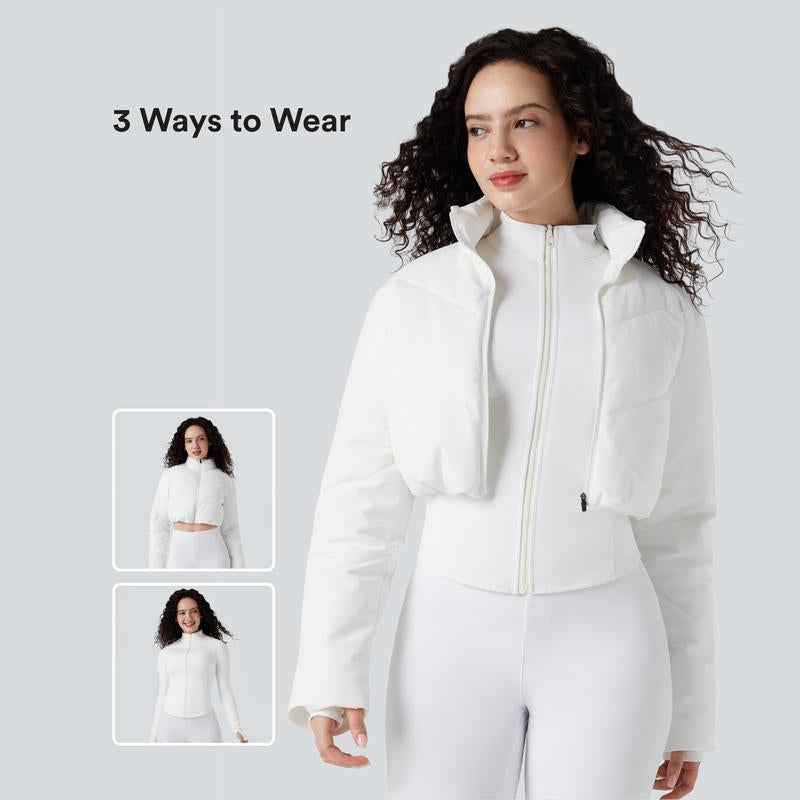 3-in-1 Women’s Cropped Puffer Coat with Stand Collar, Thumb Holes & Curved Hem Pocket Jacket