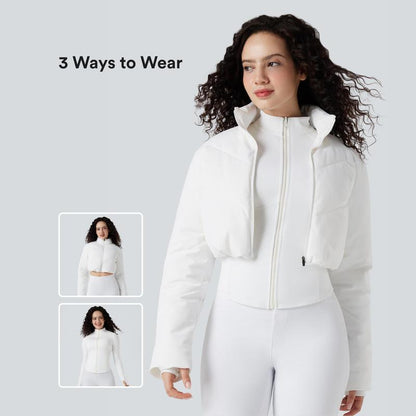 3-in-1 Women’s Cropped Puffer Coat with Stand Collar, Thumb Holes & Curved Hem Pocket Jacket