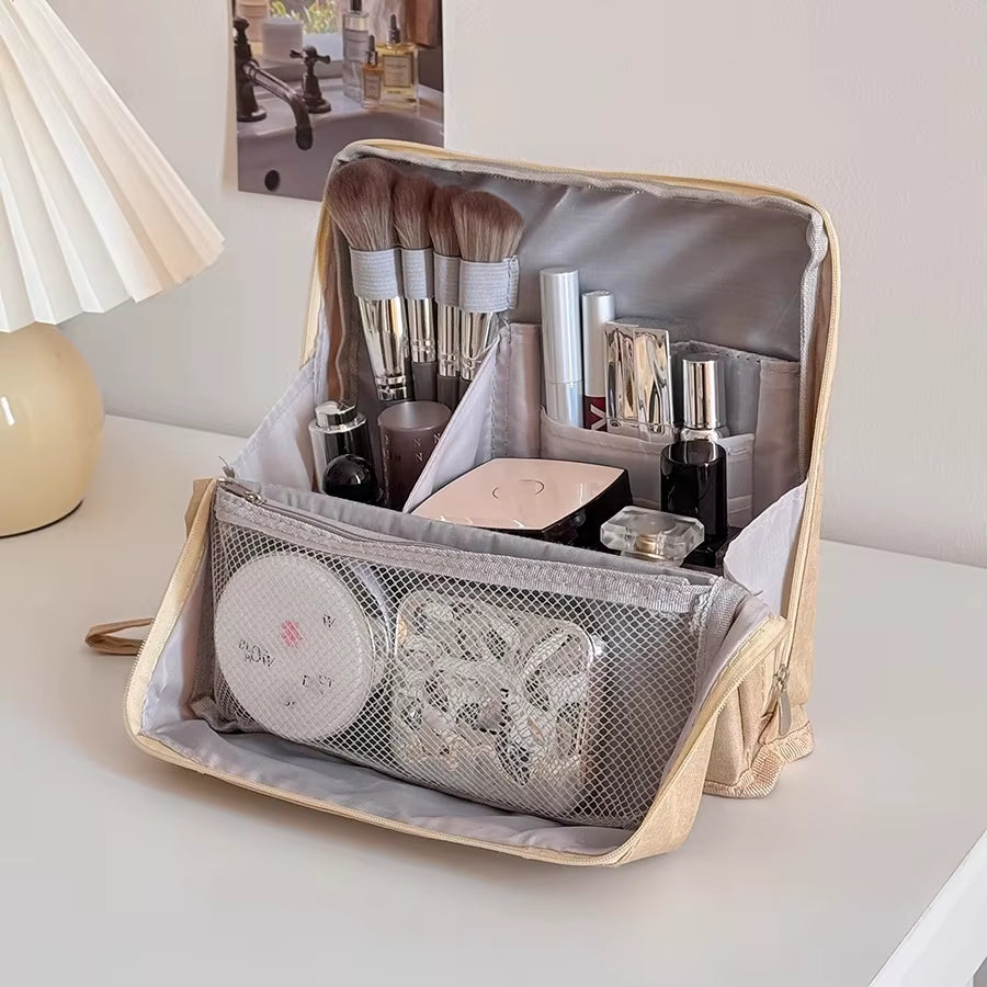 “Large Capacity Vertical Makeup Bag – Multi-Compartment Organizer for Skincare & Cosmetics”