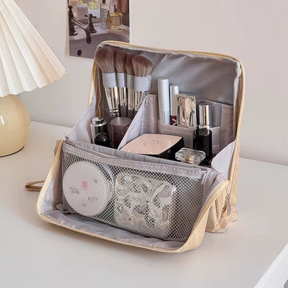 “Large Capacity Vertical Makeup Bag – Multi-Compartment Organizer for Skincare & Cosmetics”