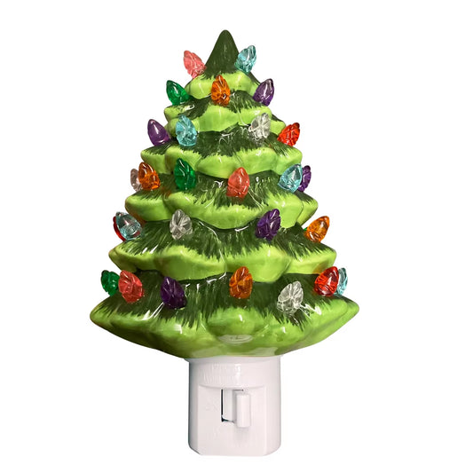 Vintage Green Ceramic Christmas Tree Night Light - Hand-Painted Wall Plug-In Decor
