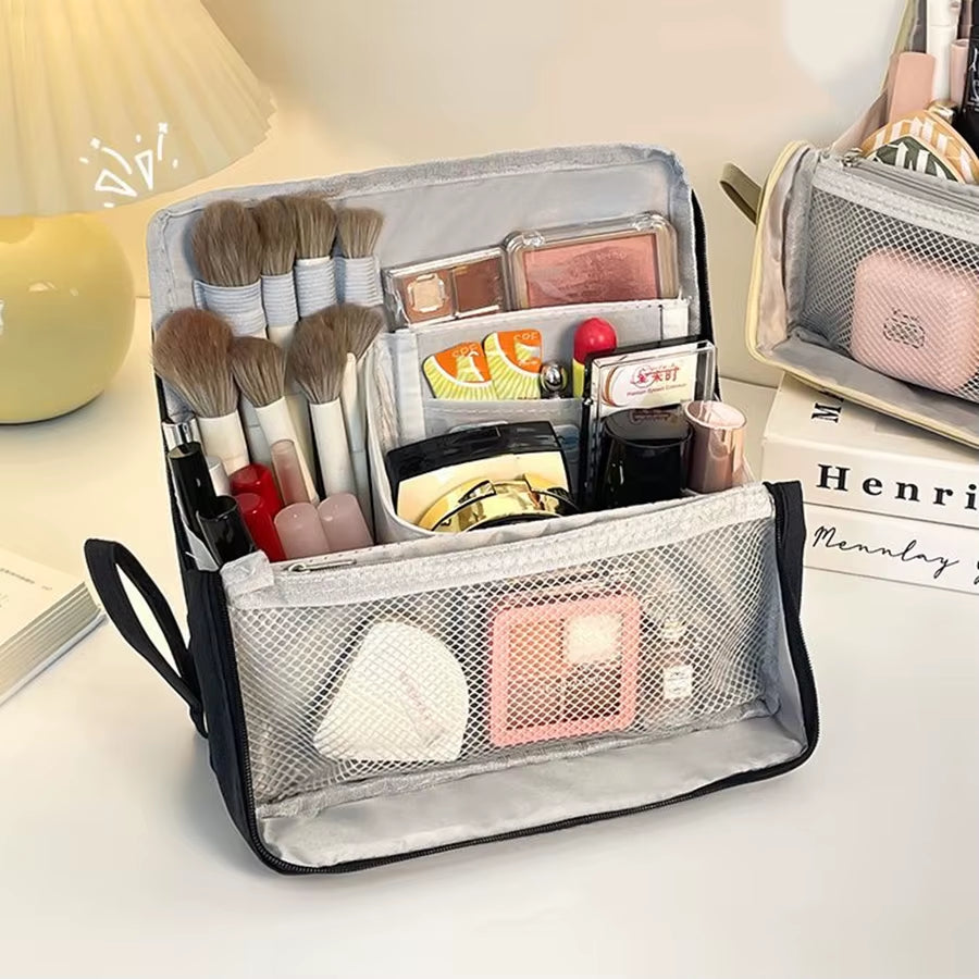 “Large Capacity Vertical Makeup Bag – Multi-Compartment Organizer for Skincare & Cosmetics”