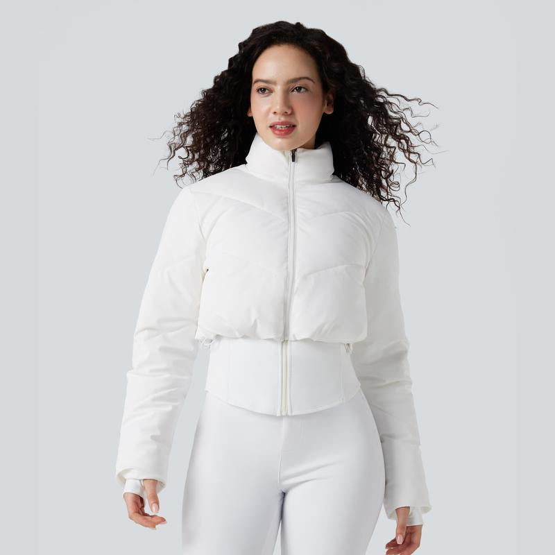 3-in-1 Women’s Cropped Puffer Coat with Stand Collar, Thumb Holes & Curved Hem Pocket Jacket