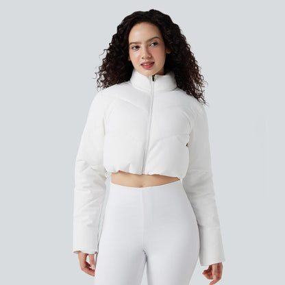 3-in-1 Women’s Cropped Puffer Coat with Stand Collar, Thumb Holes & Curved Hem Pocket Jacket