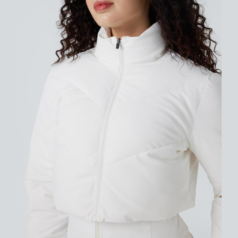 3-in-1 Women’s Cropped Puffer Coat with Stand Collar, Thumb Holes & Curved Hem Pocket Jacket