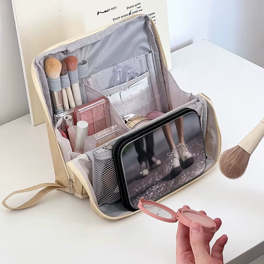 “Large Capacity Vertical Makeup Bag – Multi-Compartment Organizer for Skincare & Cosmetics”