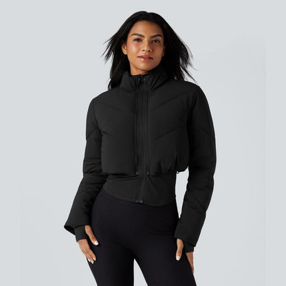 3-in-1 Women’s Cropped Puffer Coat with Stand Collar, Thumb Holes & Curved Hem Pocket Jacket