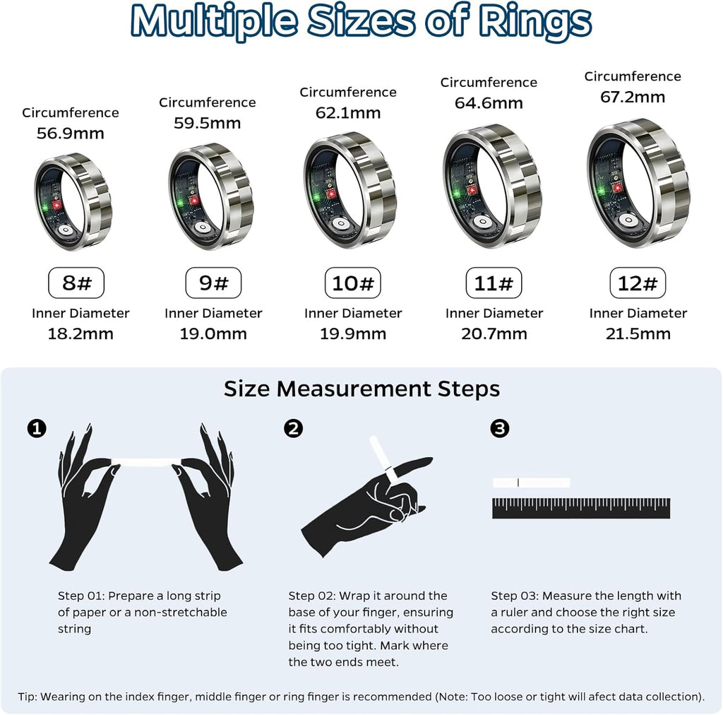 Smart Ring Health Tracker, Sleep Tracker Ring with Heart Rate, Waterproof Fitness Ring for Activity Monitoring/Steps/Distance/Calories,Air Gestures,Up to 7Day Battery,For Ios Android(Stylish Silver#8)